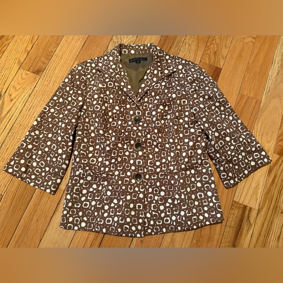 Lafayette 148 Blazer Women's Size 6 Brown Ivory Jacket 3/4 Sleeve Button Cotton - Picture 6 of 15